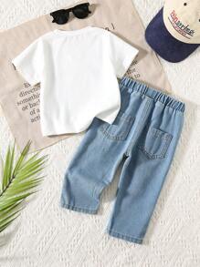 SHEIN 2pcs/Set Baby Boy Cute Summer Patchwork Short Sleeve Top & Elastic Waist Ripped Blue Denim Pants Set Baby Jeans Set Baby Girl Summer Outfit Baby Girl Summer Set