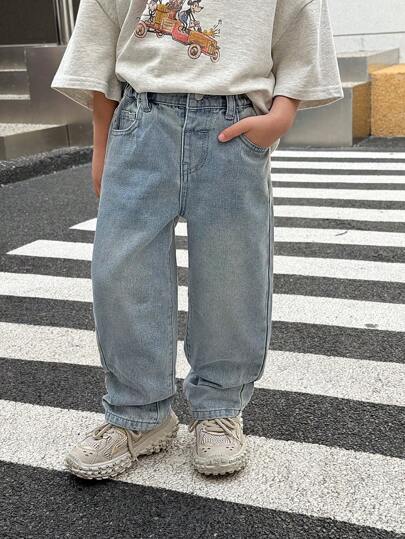 SHEIN Ung pojke sliten retro fashionabel vintage tvättad lös passform blå baggy denim jeansbyxor för barnkläder pojkdräkt vardagskläder och barn sommar- och vårkläder