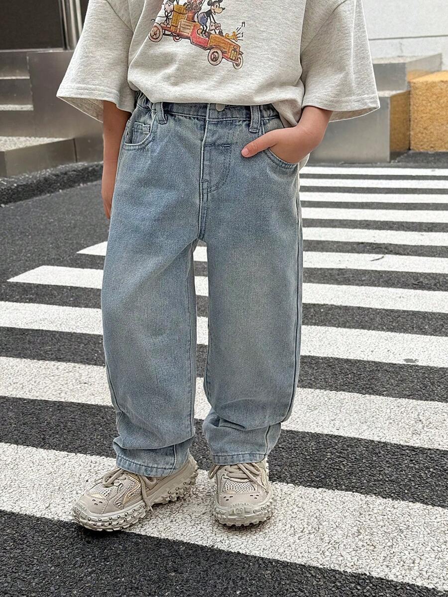 SHEIN Young Boy Distressed Retro Fashionable Vintage Washed Loose Fit Blue Baggy Denim Jeans Pants For Kids Clothes Boys Costume Daily Wear And Kids Summer And Spring Clothes