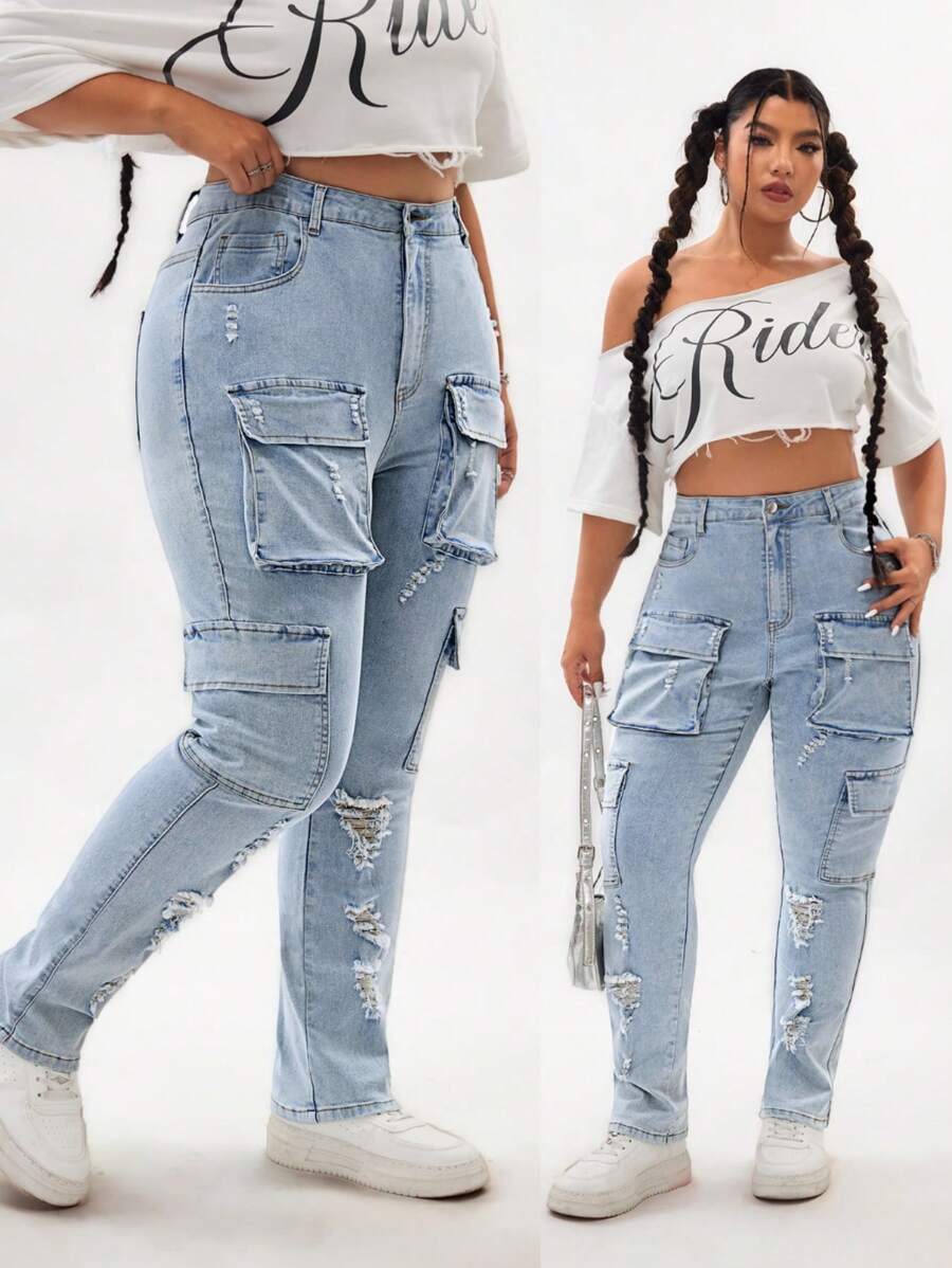 SHEIN ICON Plus Size Women Denim Bootcut Jeans Washed Distressed Light Blue Stretch Skinny Summer For Women Festival Cowboy For Women Cargo Jeans Women - Light Wash - View 1