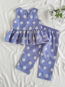 SHEIN Vintaside Kids 2 件套女婴夏季服装，蓝白条纹花卉印花无袖上衣搭配同款裤子套装，清新乡村风格，适合海滩、公园、日常穿着 - 彩色 - 查看 2
