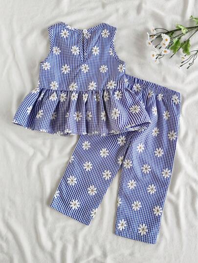 SHEIN Vintaside Kids 2 件套女婴夏季服装，蓝白条纹花卉印花无袖上衣搭配同款裤子套装，清新乡村风格，适合海滩、公园、日常穿着