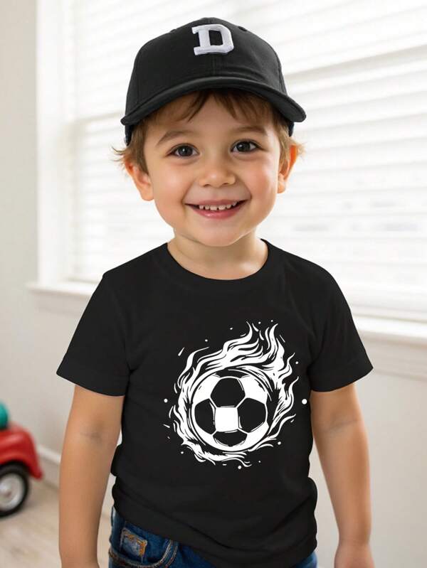 Tricou sport casual negru pentru băieți, cu guler rotund și mânecă scurtă, cu imprimeu de fotbal cu flăcări