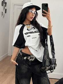Coolane Women Summer Streetwear Sport Chic Color-Blocked Casual Letter Print Crew Neck Raglan Short Sleeve Loose Black And White Jersey T-Shirt - White - View 5