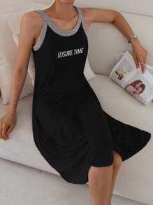 DAZY Letter Print Contrast Color Block Sleeveless Long Nightgown Dress For Women Pajama - Black - View 6