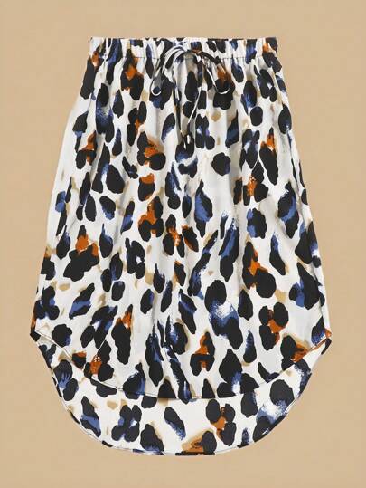 تنورة بوهيمية على شكل حرف A من النوع الكاشط والمطبوع بنقشة شاملة مع عقدة أمامية وحافة منحنية للصيف