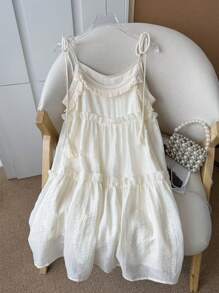 SHEIN LUNE 纯色奶油色流苏腰带甜美蛋糕连衣裙，时尚女士夏季休闲度假装海滩度假装女士沙滩裙 Fairycore 女士端庄连衣裙，波西米亚风女装 - 杏色 - 查看 2