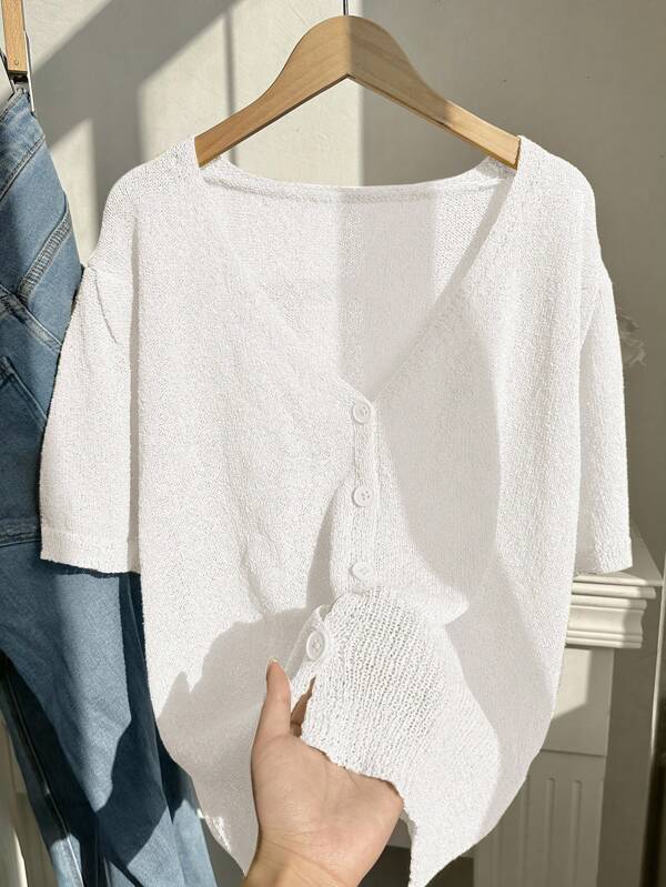 Comfortcana Women Plus Size Drop Shoulder Short Sleeve Button Down Thin Cardigan