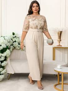 Ellevyn Curvy Plus Size Women's Romantic Elegant Daily Round Neck Short Sleeve Shiny Sequins Decoration Waist Wide Leg Apricot Jumpsuit,Wedding Guest Dress Women,Business Casual Woman,Birthday Outfits For Women,Country Concert Outfit,Festival Outfits For Women,Classy Outfits For Women,Jumpsuits For Woman Elegant,Romper,Jumpsuits For Woman,Bodysuits For Women,Summer Outfits For Women,Summer,Vacation Outfits Woman,Vacation,Women Summer Clothes,Going Out ,Plus Size Women Clothes,Clothes,Curve Plus