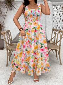 SHEIN LUNE 加大码女式花卉印花荷叶边下摆细肩带可调节胸围A字长裙女装 - 彩色 - 查看 1