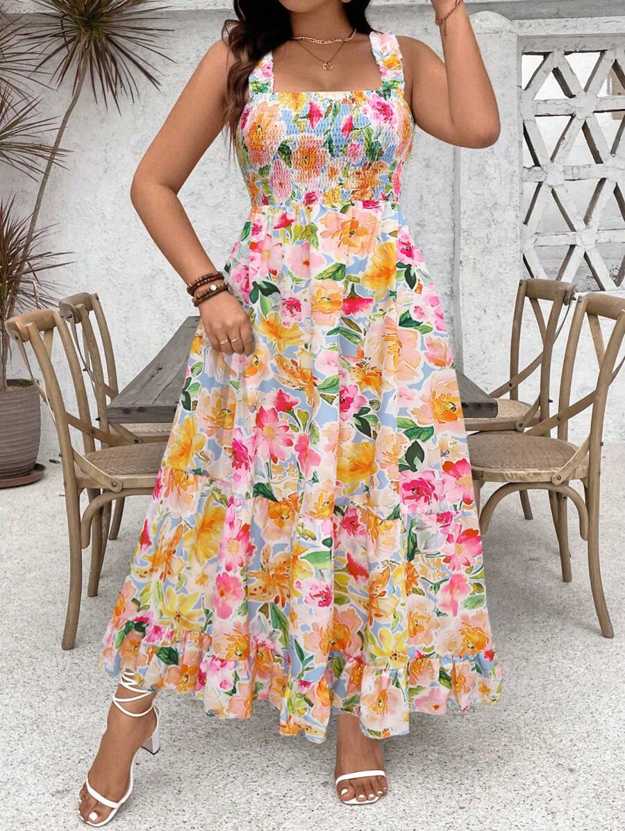 SHEIN LUNE 加大码女式花卉印花荷叶边下摆细肩带可调节胸围A字长裙女装 - 彩色 - 查看 1