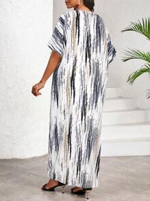 SHEIN Lady 优雅休闲工作派对条纹印花 V 领开衩蝴蝶袖女式连衣裙长款连衣裙 - 灰色 - 查看 2