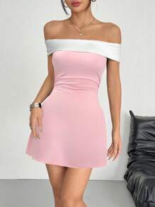 SHEIN EZwear 女士露肩浅粉色休闲短款连衣裙，夏季 - 淺粉色 - 查看 5