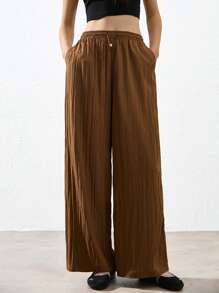 Women's Brown Casual Retro Classic Loose Pants,Elastic Waist Adjustable Straight Leg Trousers,Viscose Blend Fabric,Autumn Vacation Daily Commute - Bronze - View 3