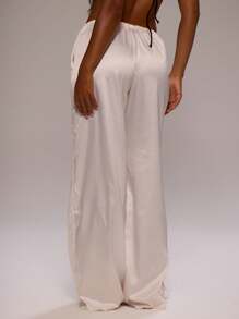 MUSERA 系带缎面长裤，优雅休闲可爱，海滩波西米亚风，伊比沙岛度假休闲秋季办公夏季 - 奶油色 - 查看 4