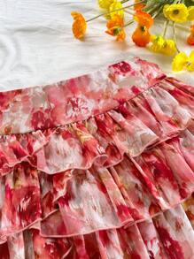 Soleia 女士多层荷叶边浪漫雪纺印花不对称下摆半身裙，适合派对、约会、下午茶、海滩、音乐节、狂欢节 - 彩色 - 查看 6