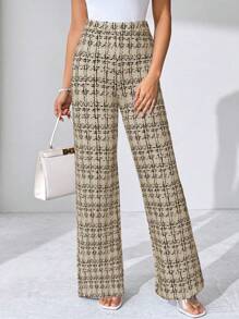 SHEIN Clasi Summer Elegant Women's Plaid Printed Elastic Knitted Pants, Suitable For Various Occasions, Suitable For Summer Vacation, Elegant Travel, And Daily Commuting,Fall Women Clothes - Khaki - View 3