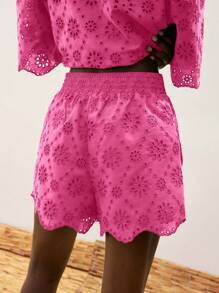 Maija Shorts de Uso Diário em Estilo Boêmio, Cor Sólida Rosa Choque, Estilo Havaiano, Tecido de Algodão Bordado com Recortes e Bainha Ondulada, Ideal para Férias e Festas de Verão