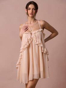 Enchnt Spring/Summer Romantic Women's Apricot Ruffle Hem Backless Loose Camisole Mini Dress,Sweet&Elegant For Vacation&Date&Holiday&Party&Graduation&Wedding Guest&Beach&Boho Chic,Prom Dress,Summer Dresses For Women,Sun Dresses For Women,Summer Clothes