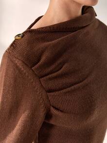 EURMUSE Elegant Draped Mock Neckline Long Sleeve Ruffle Cuff Maxi Bodycon Knitted Solid Color Chic Knitted Dress For Fall Winter - Brown - View 7