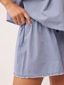 WESTFADE Summer Cotton Gingham Checkered Plaid & Lace Elasticized Waist Relaxed A-Line Ruffle Hem Cute Cowgirl Shorts Spring Beach Vacation - Royal Blue - View 8