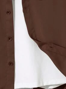 SHEIN Bộ 2 áo sơ mi tay ngắn túi ngực màu trơn đơn giản cho bé trai tuổi teen và quần cạp chun, thích hợp cho mùa thu, xuân, hạ, vui chơi ngoài trời, đi học, dạo phố, tiệc tùng và giải trí - màu nâu - Xem 4