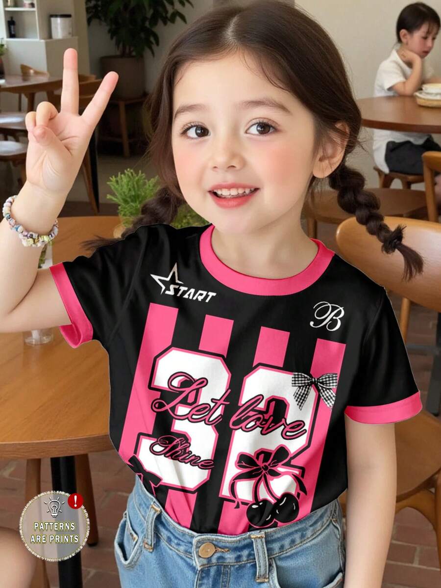 SHEIN 粉色运动樱花印花,32号,可爱蝴蝶结装饰女婴休闲简约短袖圆领上衣,适合夏季 - 彩色 - 查看 1