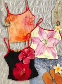 SHEIN EZwear 3 件套女士休闲紧身吊带背心套装，适合夏季和度假，芙蓉花、夏威夷风情、大花卉印花设计，夏季 - 彩色 - 查看 1