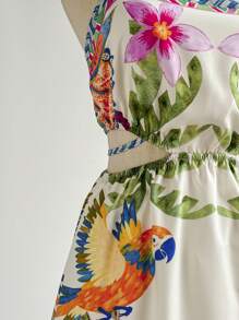 Soleia Women's Tropical Holiday Green Palm Leaf & Floral Print Side Cutout Tie-Waist Sleeveless A-Line Midi Dress For Resort - Multicolor - View 5