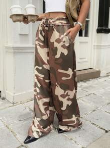 SHEIN EZwear Summer Graphic Sweatpants Western Wear Camouflage Print Elastic  Wide Leg Pants - Army Green - View 6