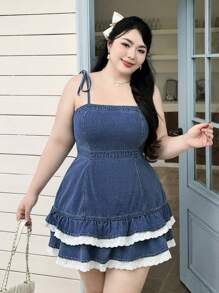 SHEIN EZwear Váy denim xanh dài vừa phải, đơn giản, dễ mặc, kiểu ballet ngọt ngào, cỡ lớn cho nữ - Rửa trung bình - Xem 4