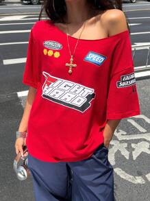 Coolane Women's Summer Concert Streetwear Vintage Y2K Graphics Red Oversized Tees - Red - View 6