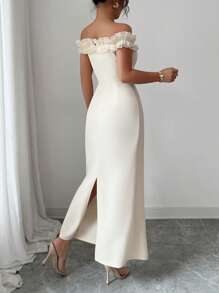 Elenzga 1 Stück Damen Elegant Romantik Kleid mit Rüschen-Trim an der Schulter und Taille