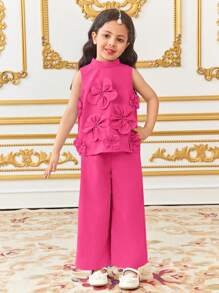 Set de 2 piezas compuesto por top con cuello de pie y pantalones con adornos florales elegantes para niña joven