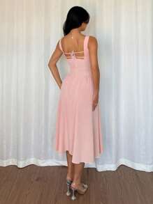 Modelyn 女士方领镂空优雅中长连衣裙，夏季 - 粉色 - 查看 2