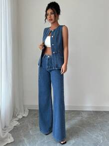 Elenzga Women's Solid Color Front Button Sleeveless Top And Long Denim Pants Set - Blue - View 3