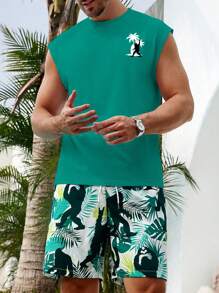 Manfinity RSRT Conjunto casual de chaleco cuello redondo y short con estampado total para hombres