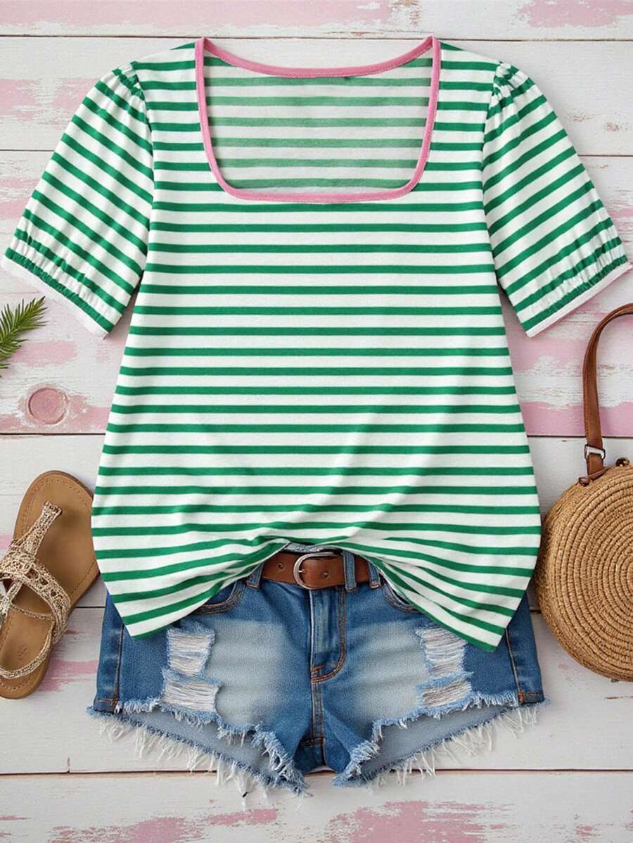 EMERY ROSE Chemise d'été décontractée grande taille avec motif rayé contrasté, style polyvalent pour les vacances, convient pour la saison chaude