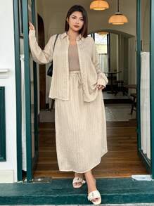 Dazy Plus 加大码 2 件套：条纹翻领宽松长袖衬衫和松紧腰 A 字裙，秋季服装 - 卡其色 - 查看 7