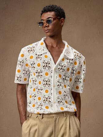 AKNOTIC Business Casual Men's Knitted Floral Pattern Cardigan Short Sleeve Fall Sweater, Fitted Silhouette, Suitable For Summer, Vacation, Daily Wear, Party, Couples, Gifts, Anniversary