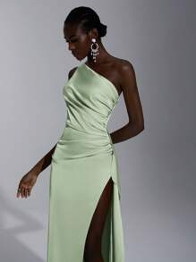 Elitara Elegant, Romantic, Sexy, Minimalist, Satin, Stretchy, Backless, Ruffle Hem, Bodycon, High Slit, Fashionable, Influencer Style, Party, Holiday, Birthday, Wedding, Bridesmaid Dress Green - Green - View 8