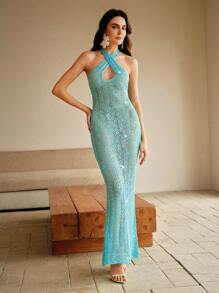 Anewsta Váy dự tiệc đuôi cá nhẹ nhàng lấp lánh dành cho nữ, váy maxi hở lưng cổ yếm gợi cảm cho kỳ nghỉ hè trên bãi biển - Màu xanh lam - Xem 3