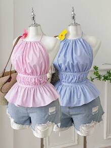 Comfortcana Plus Size Women Striped Ruffle Detail Halter Neck Casual Tank Top - Blue and White - View 3