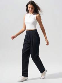 SHEIN BASICS Women's Plain Woven Casual Pocketed Versatile Long Pants - Dark Grey - View 7