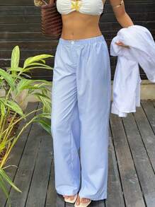 Sunnyshic 女式条纹印花纽扣休闲时尚裤 - 藍色 - 查看 5