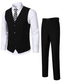 Manfinity Mode Men's Striped Suit, Includes Blazer Waistcoat And Pocket Pants, Men Dress Outfit, Wedding Outfit For Men, Men Dress Suits, Old Money Style - Black - View 3
