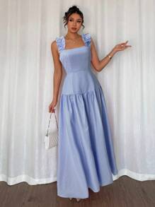 Elenzga Strappy A-Line Dress With Frill Trim, Blue & White Striped, Cinched Waist, Elegant French Country Style For Spring/Summer Holiday/Beach