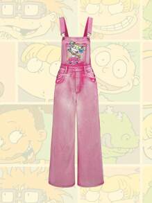 Nick 90's X ROMWE Cartoon Pattern Cute Pink Denim Jumpsuit - Pink - View 1