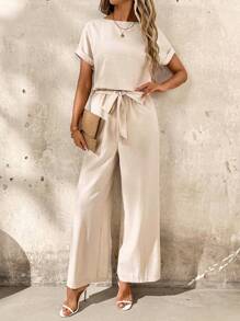 SHEIN Clasi 大码女式镂空露背设计蝙蝠袖休闲阔腿连体裤 - 杏色 - 查看 3