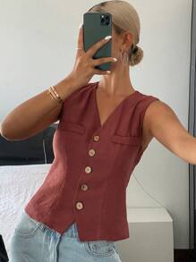 Livesso Women's V-Neck Cinched Waist Fitted Blouse, Fashionable For Summer Linen Going Out Tops - Burgundy - View 3
